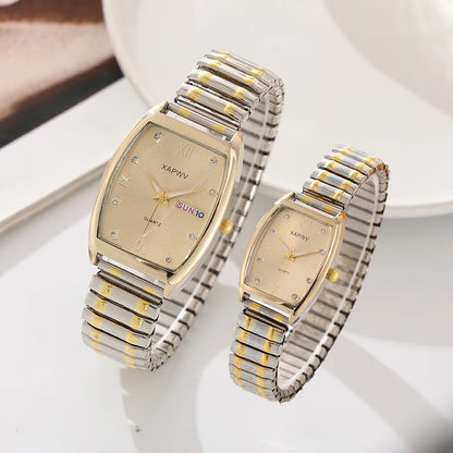 Barrel-Shaped Diamond-Encrusted Dual Calendar Week Men's Watch Week Fashion Casual Business Quartz Couple Watch One Man and One Woman