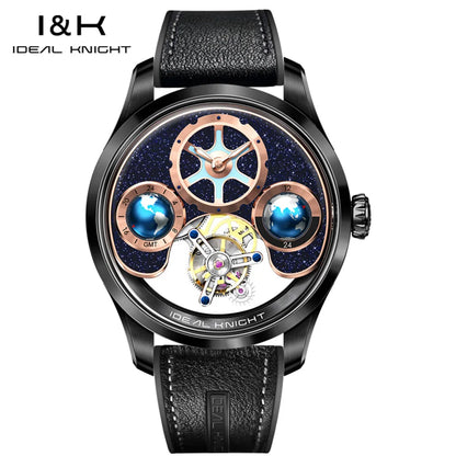 IDEAL KNIGHT 6808 Man Watch Blue Earth Dial Hollow Mechanical Watches For Men Waterproof Tourbillon Men's Automatic Wristwatches