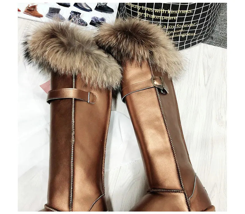 Winter Natural Fox Fur Long Boots Winter Fur Black Genuine Leather Snow Boots Knee- High Boots Waterproof Flat Raccoon Fur Boot