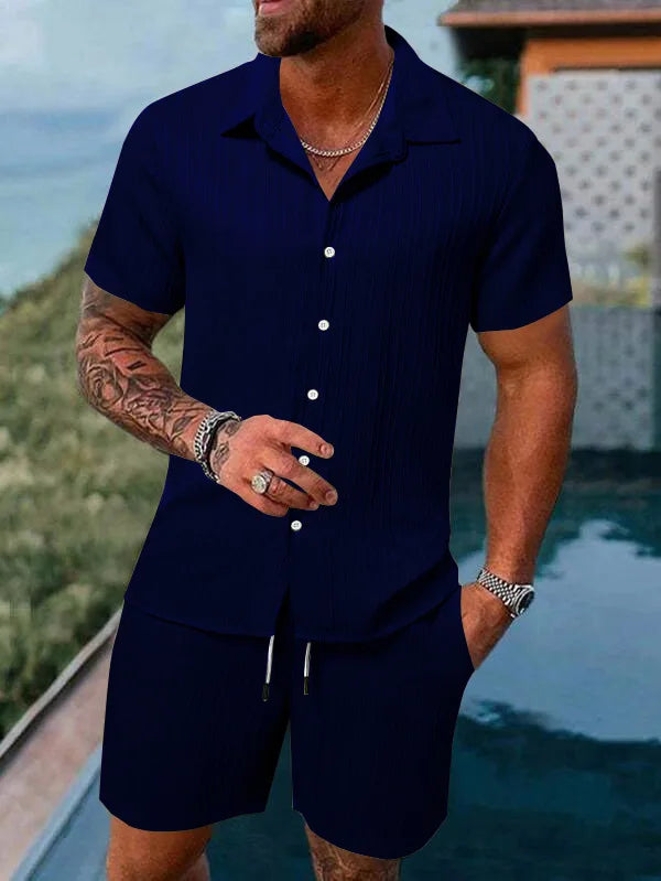 Hot autumn men's striped casual fashion suit shirt and shorts, beach casual suit autumn street wear