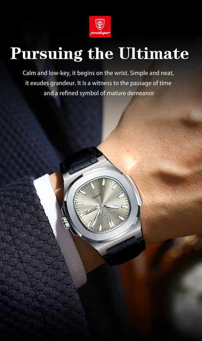 POEDAGAR High Quality Watch For Men Luxury Luminous Waterproof Week Calendar Man Clock Leather Square Men's Quartz Watches Reloj
