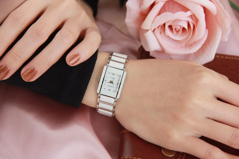 Fashion Rectangle Watch Women White Simulated Ceramics Watches Men Women Casual Quartz Wristwatches Couple Watch Unique Watch
