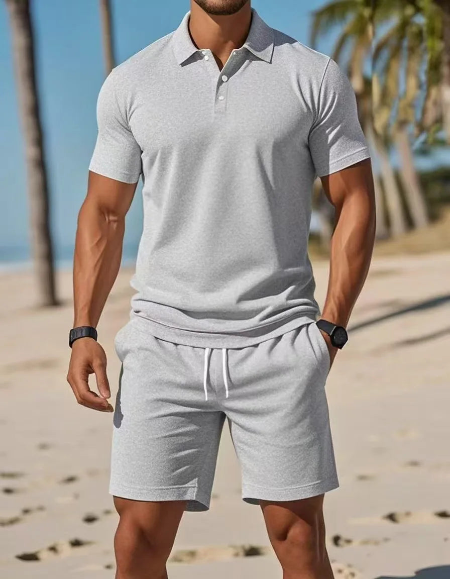 2025Men's business Casual beach sports Two-piece set, Drawstring elastic waist sports shorts set, button access control lapeltop