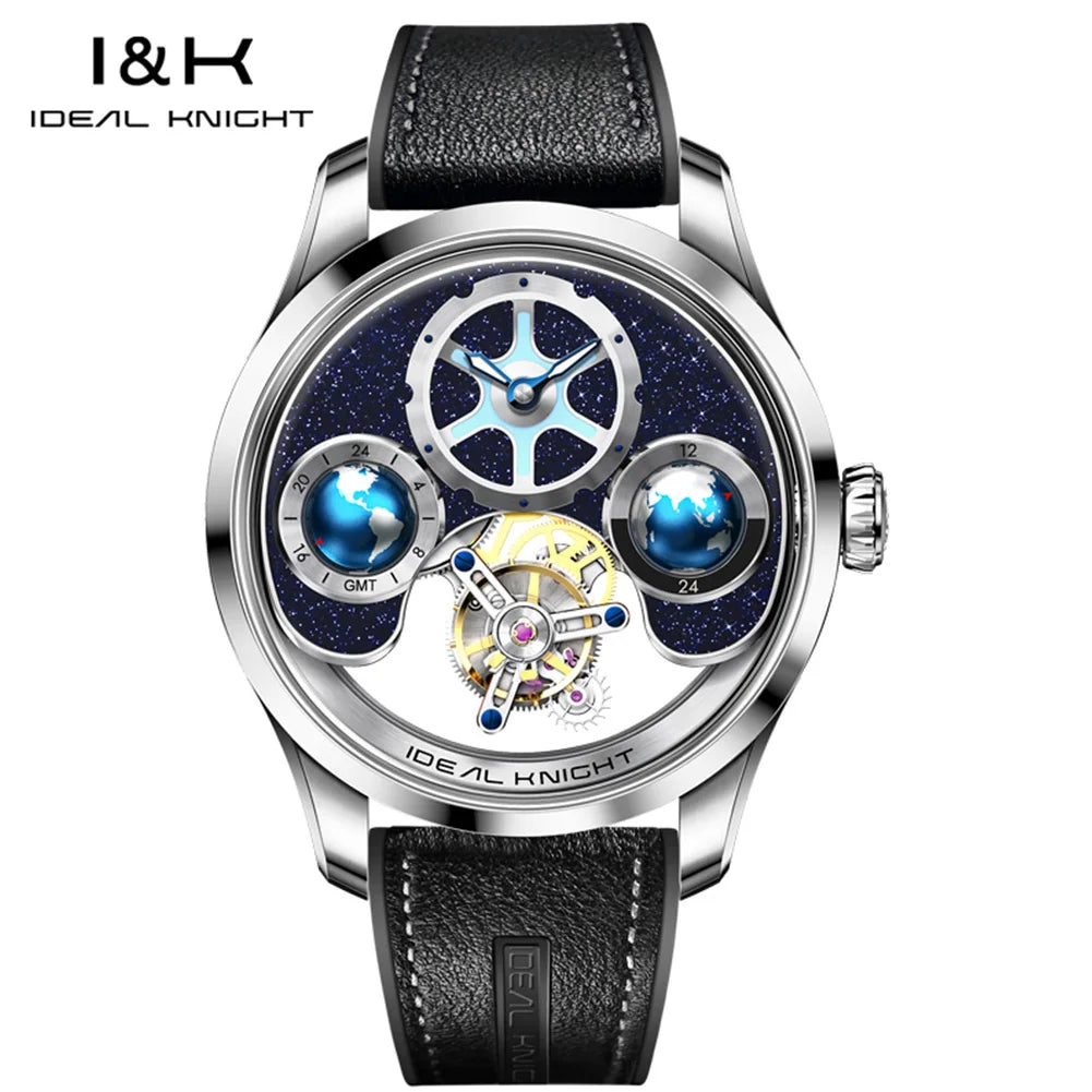 IDEAL KNIGHT 6808 Man Watch Blue Earth Dial Hollow Mechanical Watches For Men Waterproof Tourbillon Men's Automatic Wristwatches