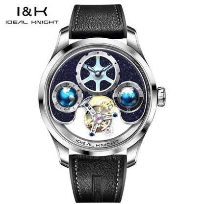 IDEAL KNIGHT 6808 Man Watch Blue Earth Dial Hollow Mechanical Watches For Men Waterproof Tourbillon Men's Automatic Wristwatches