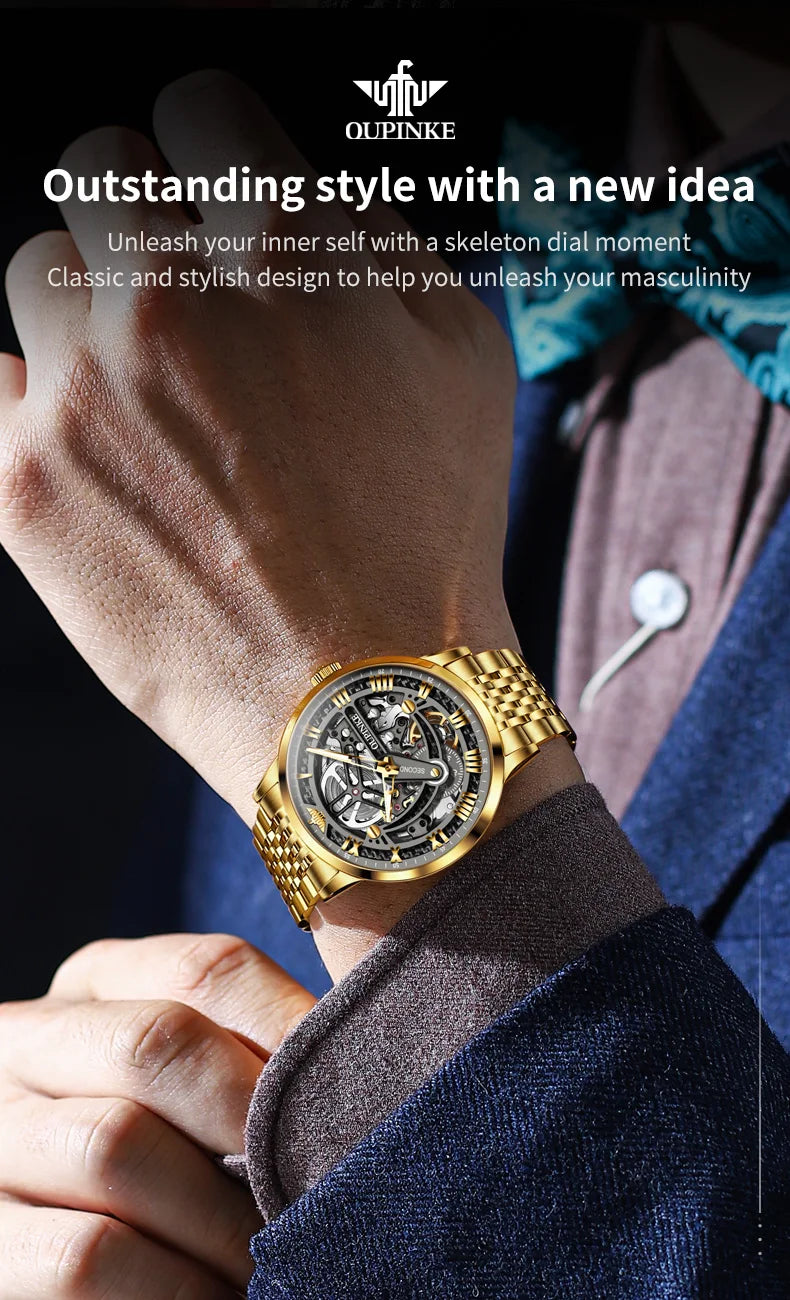 OUPINKE 3173 Men's Full Gold Watch Fully hollow out Waterproof top-level luxury automatic mechanical watch