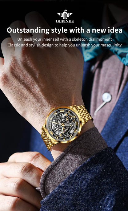 OUPINKE 3173 Men's Full Gold Watch Fully hollow out Waterproof top-level luxury automatic mechanical watch