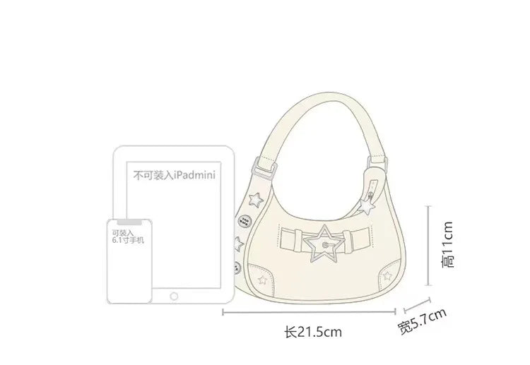 Vintage Korean Casual Cute White Star Shoulder Underarm Tote Bag Ladies Sling Bags Leather Zip Purses  Handbags Women