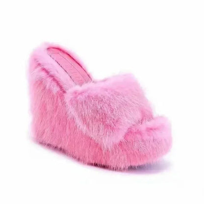 New Fur Slippers Women's Wedge Heel Shoes Women High-heeled Furry Drag Fashion Outdoor All-match Shoes Slippers Furry Slides