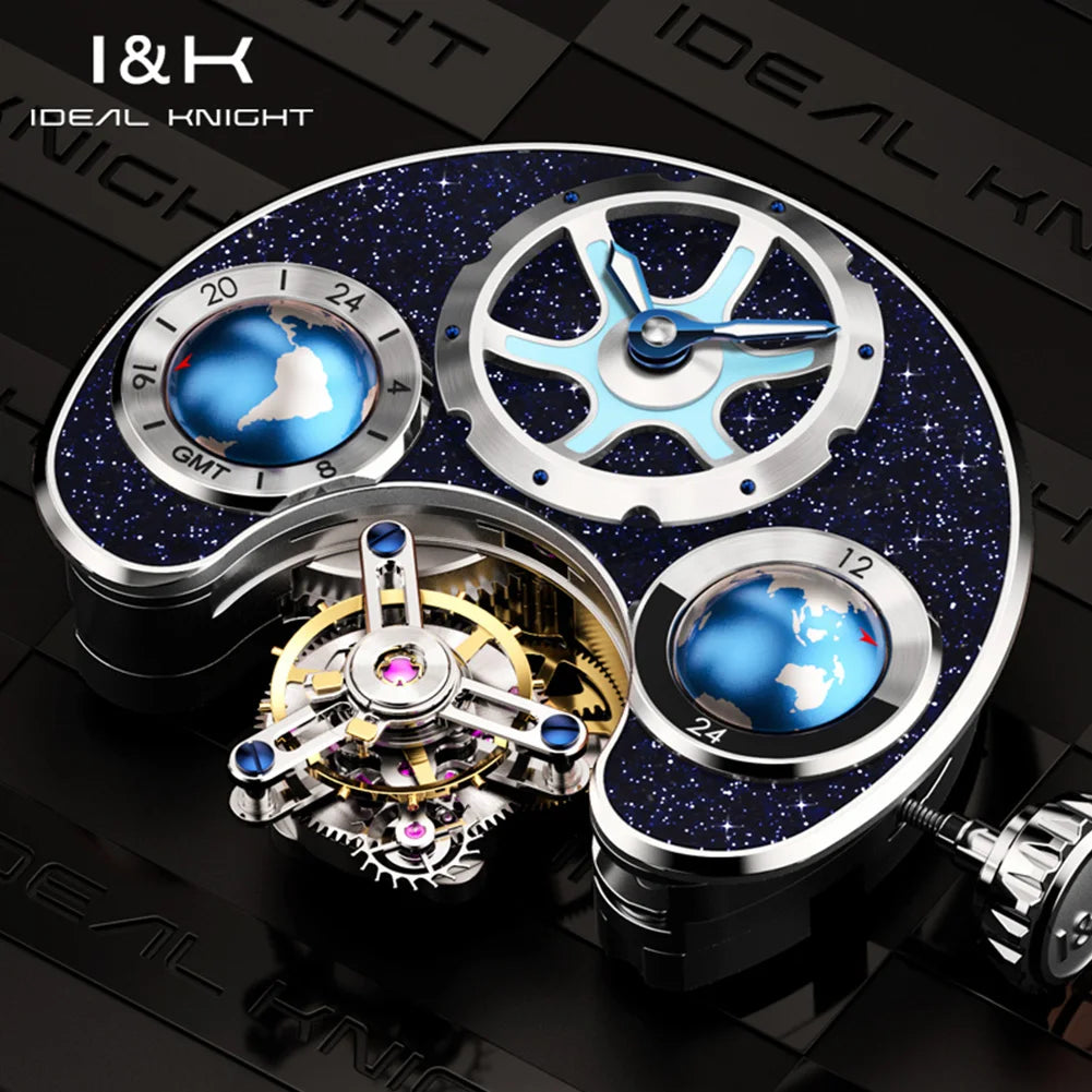 IDEAL KNIGHT 6808 Man Watch Blue Earth Dial Hollow Mechanical Watches For Men Waterproof Tourbillon Men's Automatic Wristwatches