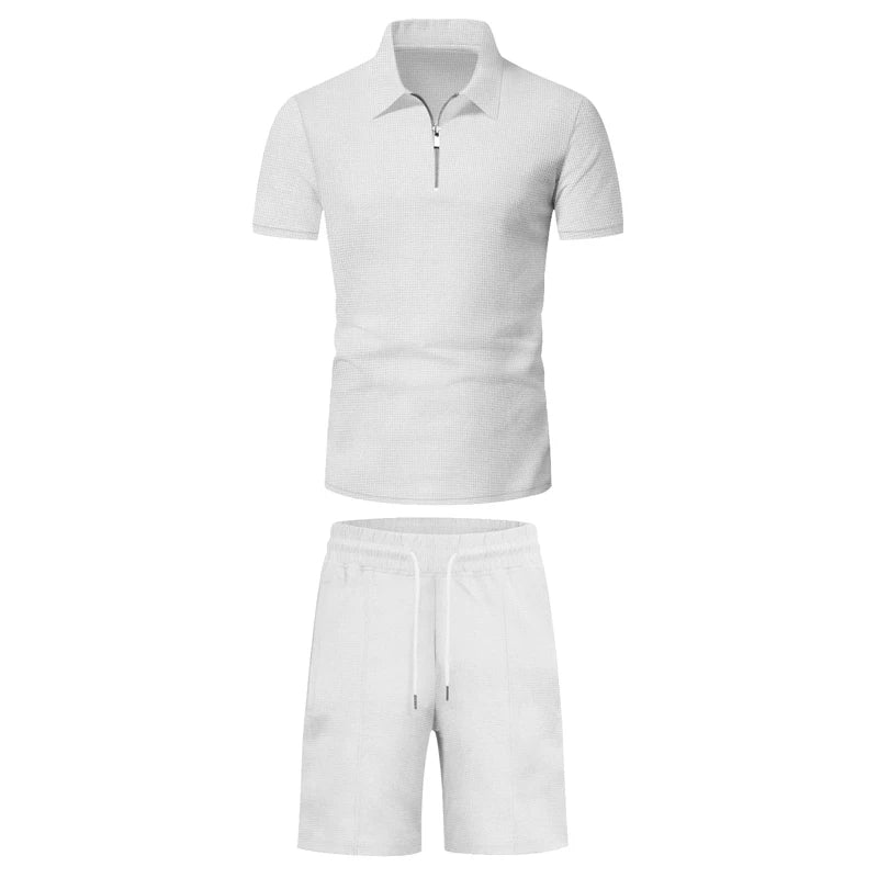 Men's Comfortable Short-Sleeved Waffle Polo Shirt And Shorts Set - Breathable Lightweight Spring/Summer Clothing