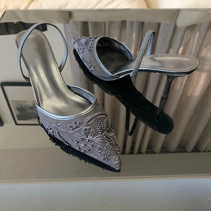 Brand Designer White Women Pumps Mesh Embroidered Flowers Back Strap Sexy Slingback High Heels Dress Wedding Shoes for Ladies