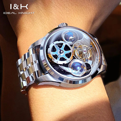 IDEAL KNIGHT 6808 Man Watch Blue Earth Dial Hollow Mechanical Watches For Men Waterproof Tourbillon Men's Automatic Wristwatches