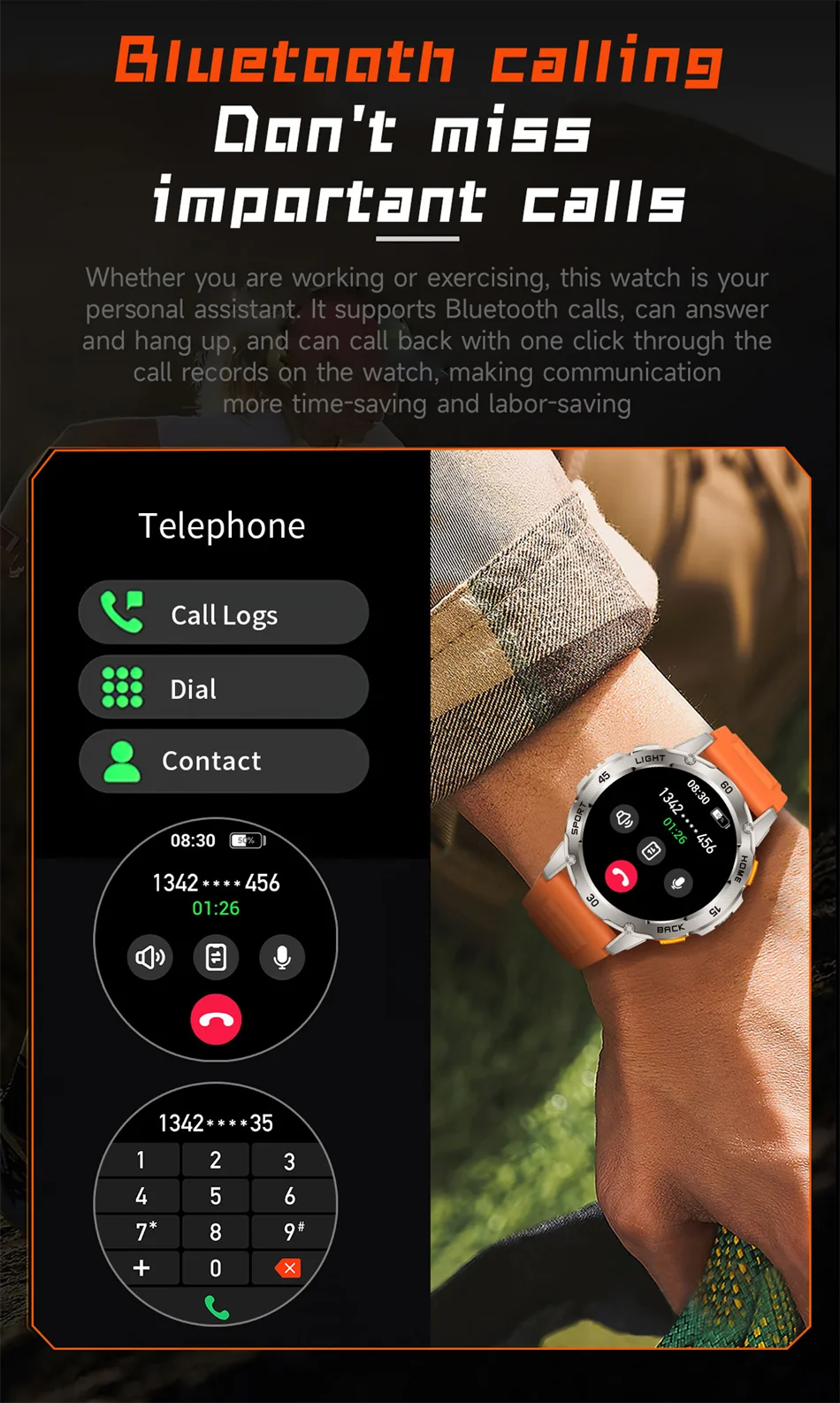 5ATM LED Flashlight Smart Watch Men 100+ Sports Modes Health Monitor Man Watches Bluetooth Call Men Smartwatches For Android ios