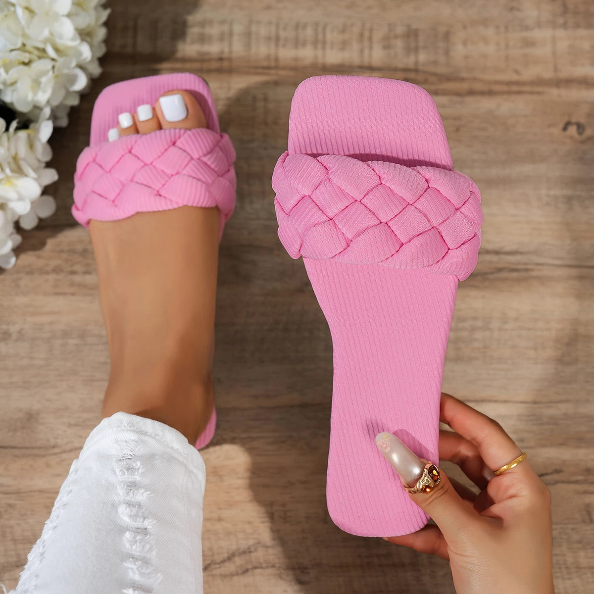 Square-toe Basket-Woven Sandals, Flat Home Slippers