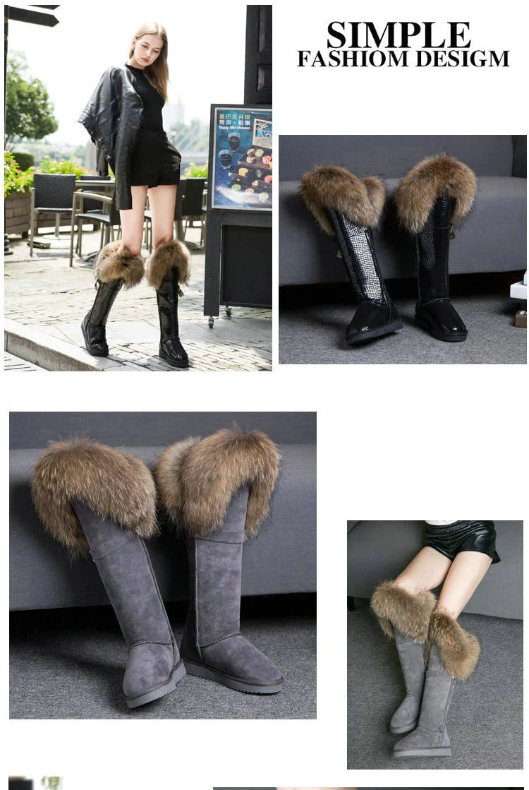 Winter Natural Fox Fur Long Boots Winter Fur Black Genuine Leather Snow Boots Knee- High Boots Waterproof Flat Raccoon Fur Boot