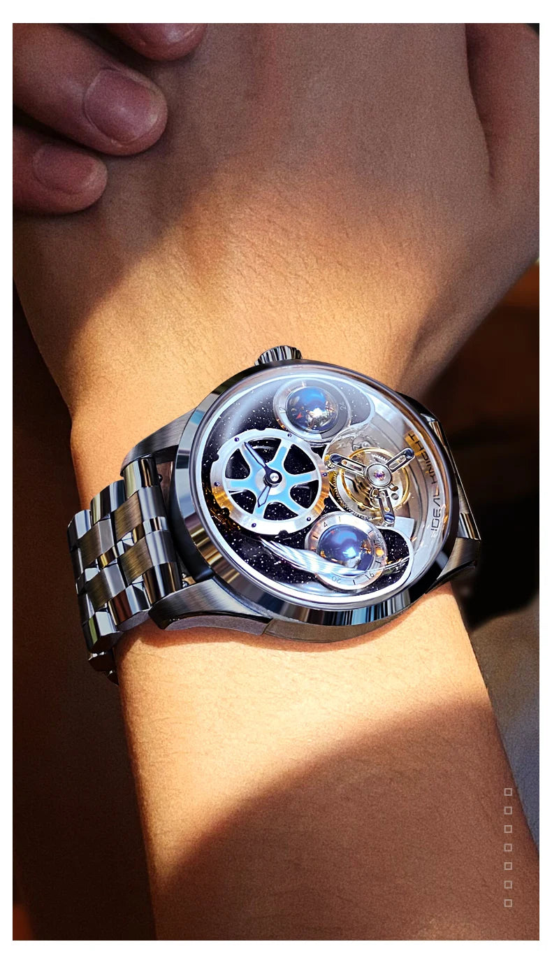 IDEAL KNIGHT 6808 Man Watch Blue Earth Dial Hollow Mechanical Watches For Men Waterproof Tourbillon Men's Automatic Wristwatches