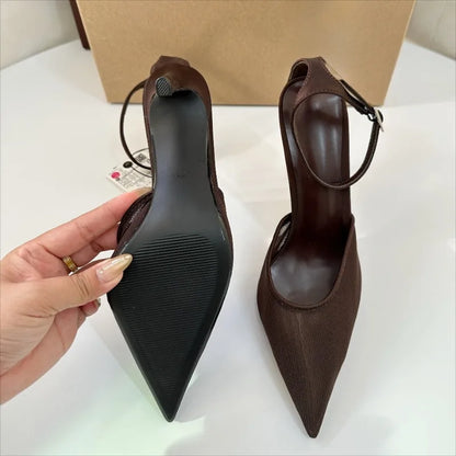 High Heels Women Summer Sandals Breathable Brown Mesh Elegant  Ankle Strap Slingbacks Sexy Party Stiletto Brand Female Shoes