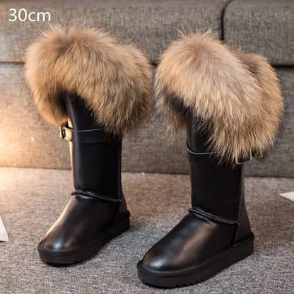 Winter Natural Fox Fur Long Boots Winter Fur Black Genuine Leather Snow Boots Knee- High Boots Waterproof Flat Raccoon Fur Boot