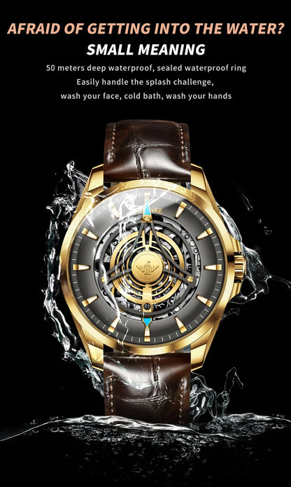 OUPINKE 3206 Automatic Mechanical Watch for Men Hollow 40mm Dial Original Hand Clock Synthetic Sapphire Mirror Leather Man Watch