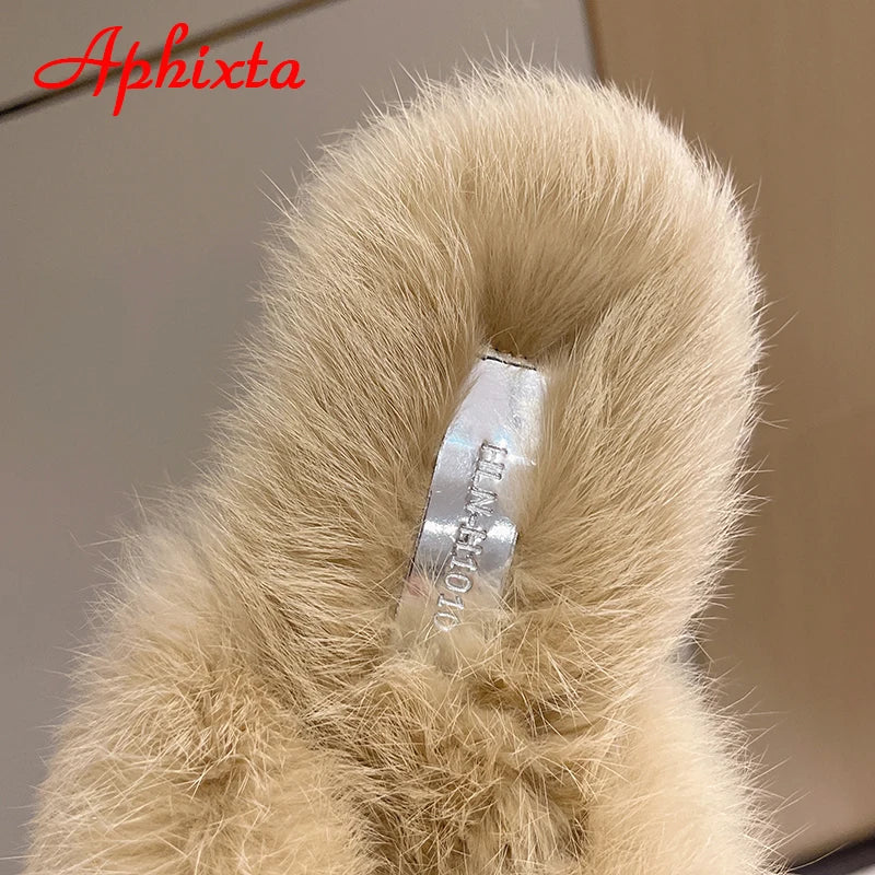 Aphixta New Warm Winter Real Rabbit Fur Plush Women Slippers Birds Furry Plaid Shoes Pointed Toe Flat Heel Hair Slides