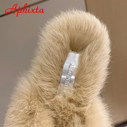 Aphixta New Warm Winter Real Rabbit Fur Plush Women Slippers Birds Furry Plaid Shoes Pointed Toe Flat Heel Hair Slides