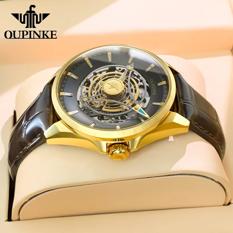 OUPINKE 3206 Automatic Mechanical Watch for Men Hollow 40mm Dial Original Hand Clock Synthetic Sapphire Mirror Leather Man Watch