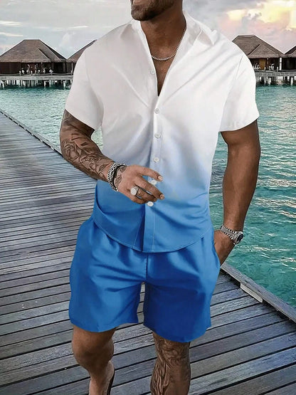 Summer Men's Solid Color Short Sleeve Shirt Set Lapel Button Front Shirt T Shirt Athletic Casual Shorts Set Hawaii Vacation Wear