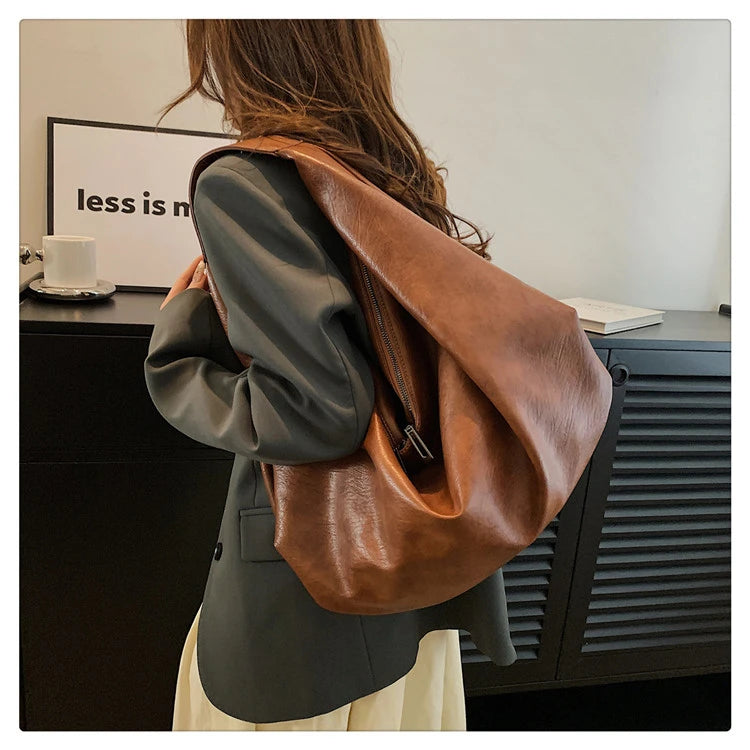 Big Black Shoulder Bags for Women Large Hobo Shopper Bag Solid Color Quality Soft Leather Crossbody Handbag Lady Travel Tote Bag