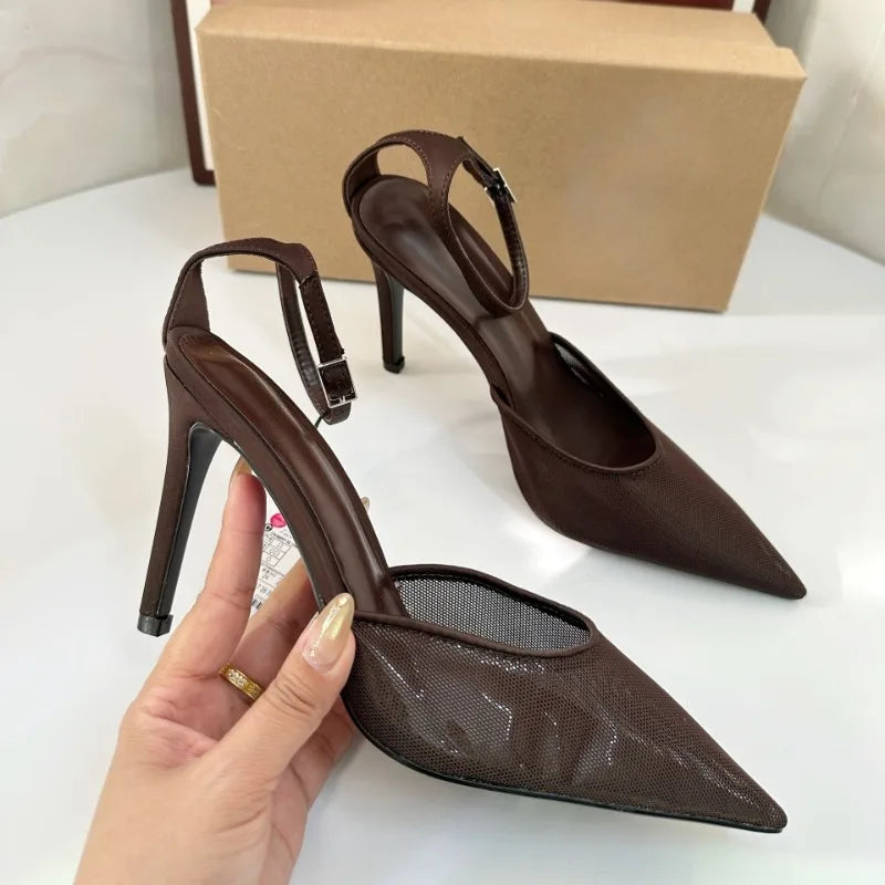 High Heels Women Summer Sandals Breathable Brown Mesh Elegant  Ankle Strap Slingbacks Sexy Party Stiletto Brand Female Shoes