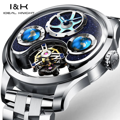 IDEAL KNIGHT 6808 Man Watch Blue Earth Dial Hollow Mechanical Watches For Men Waterproof Tourbillon Men's Automatic Wristwatches