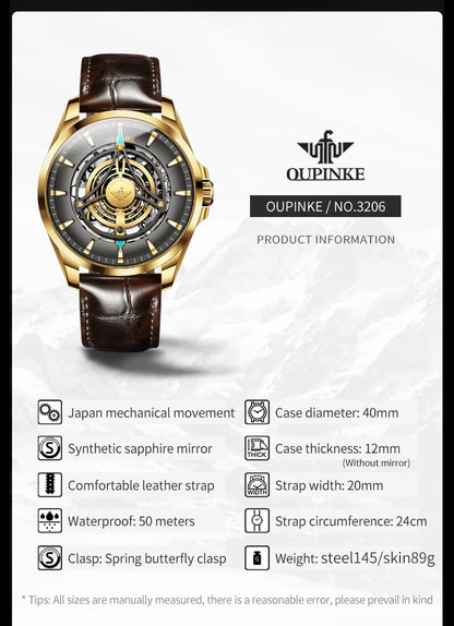 OUPINKE 3206 Automatic Mechanical Watch for Men Hollow 40mm Dial Original Hand Clock Synthetic Sapphire Mirror Leather Man Watch