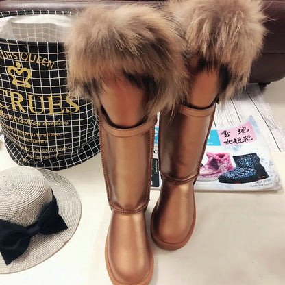 Winter Natural Fox Fur Long Boots Winter Fur Black Genuine Leather Snow Boots Knee- High Boots Waterproof Flat Raccoon Fur Boot