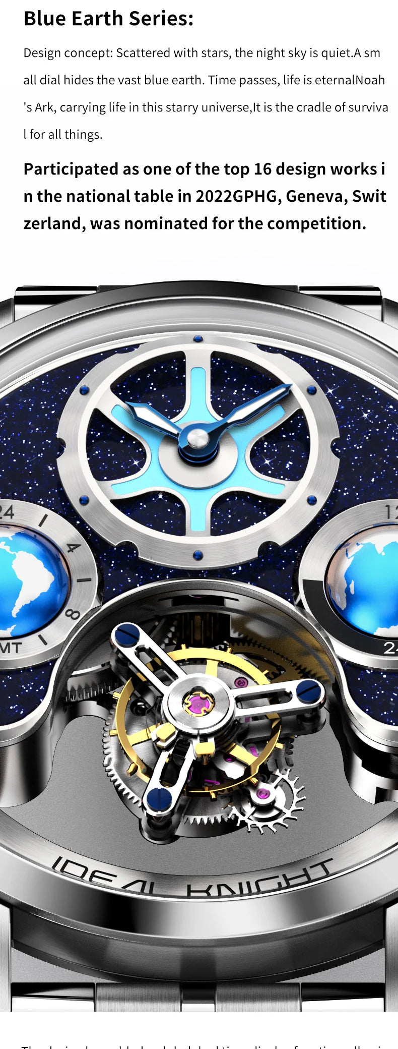 IDEAL KNIGHT 6808 Man Watch Blue Earth Dial Hollow Mechanical Watches For Men Waterproof Tourbillon Men's Automatic Wristwatches