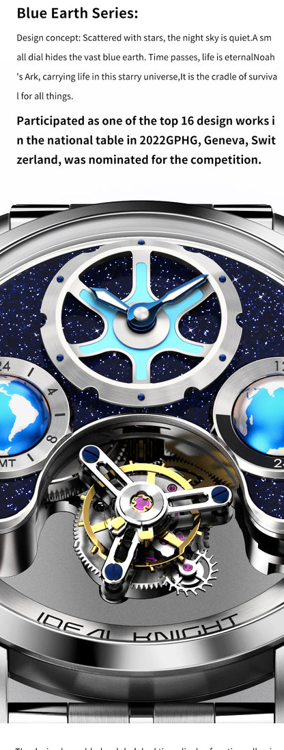 IDEAL KNIGHT 6808 Man Watch Blue Earth Dial Hollow Mechanical Watches For Men Waterproof Tourbillon Men's Automatic Wristwatches
