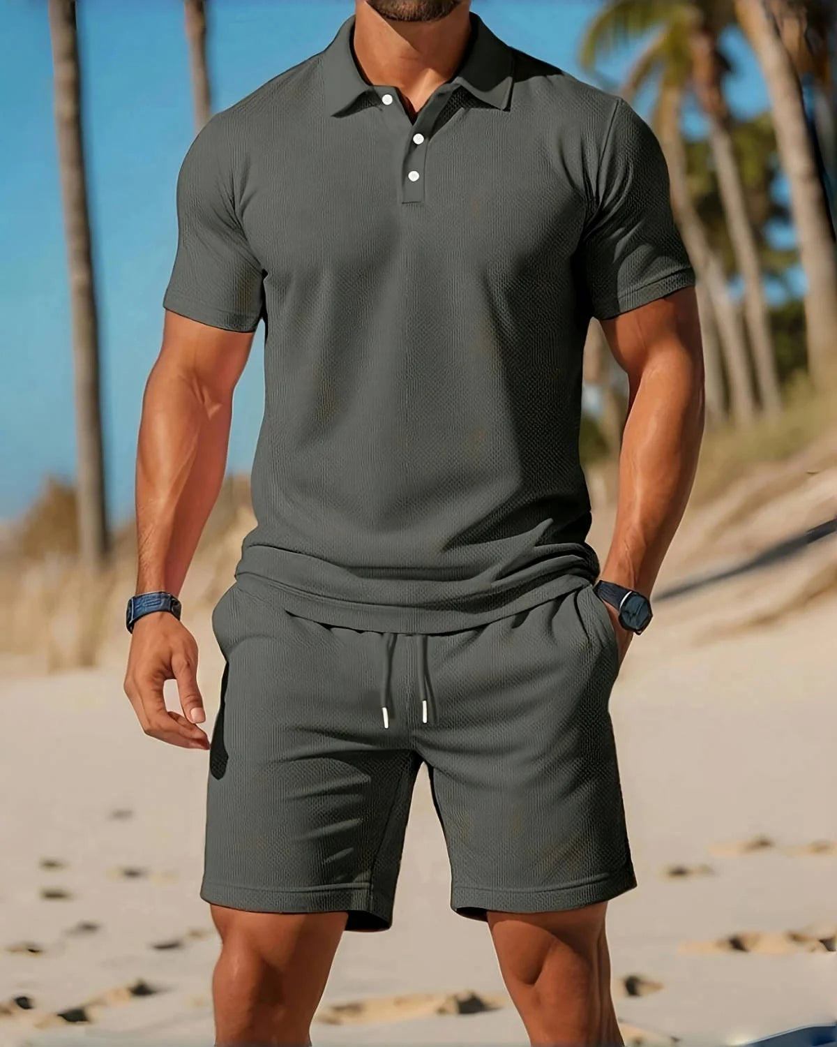 2025Men's business Casual beach sports Two-piece set, Drawstring elastic waist sports shorts set, button access control lapeltop