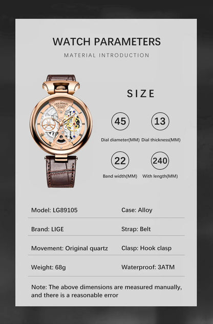 2025 LIGE Men Watches Top Brand Luxury Brown Leather Chronograph Sport Watch For Men Fashion Date Waterproof Clock Reloj Hombre