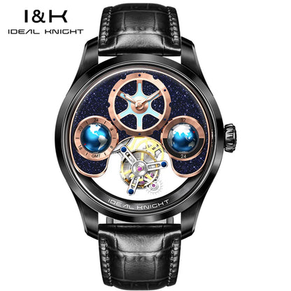 IDEAL KNIGHT 6808 Man Watch Blue Earth Dial Hollow Mechanical Watches For Men Waterproof Tourbillon Men's Automatic Wristwatches