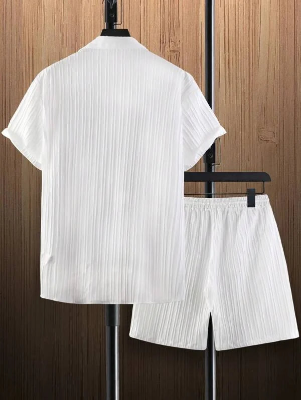 Hot autumn men's striped casual fashion suit shirt and shorts, beach casual suit autumn street wear