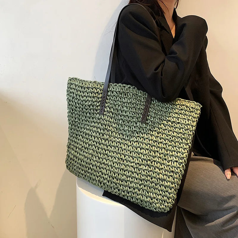 Women Handbag Summer Beach Bag Rattan Woven Handmade Knitted Straw Large Capacity Totes Leather Women Shoulder Bag Bohemia New