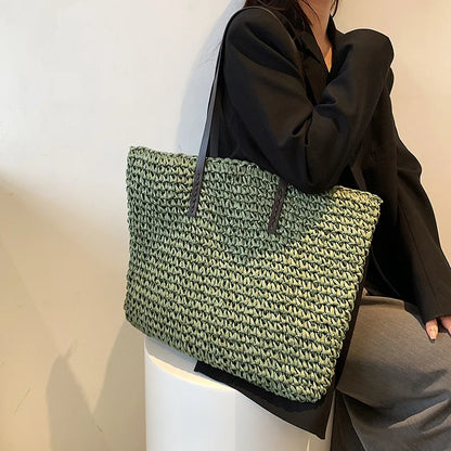 Women Handbag Summer Beach Bag Rattan Woven Handmade Knitted Straw Large Capacity Totes Leather Women Shoulder Bag Bohemia New