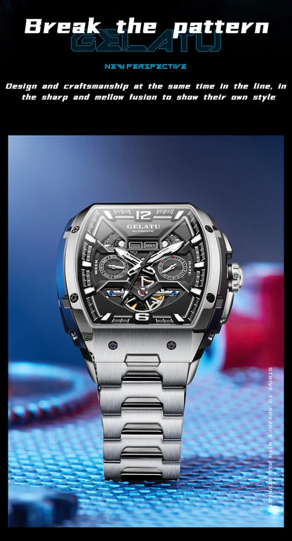 Reloj Hombre Watches Mens GELATU Top Brand Luxury Rose Black Skeleton Tourbillon Automatic Mechanical Watch for Men Waterproof