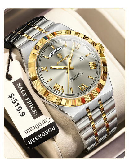 POEDAGAR Luxury Business Man Watch Week Date Waterproof Luminous Watches For Men Stainless Steel Quartz Men's Fashion Wristwatch