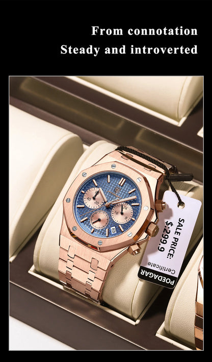 POEDAGAR Original Luxury Men's Watches Date Chronograph Stainless Steel Quartz Watch Waterproof Luminous Fashion Man Wristwatch