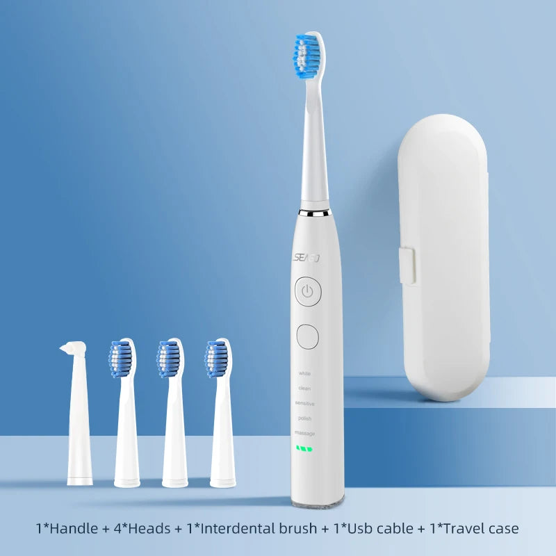Seago SG-575 Sonic Electric Toothbrush | USB Rechargeable Toothbrush with 360-Day Battery Life, 4 Brush Heads & Travel Box