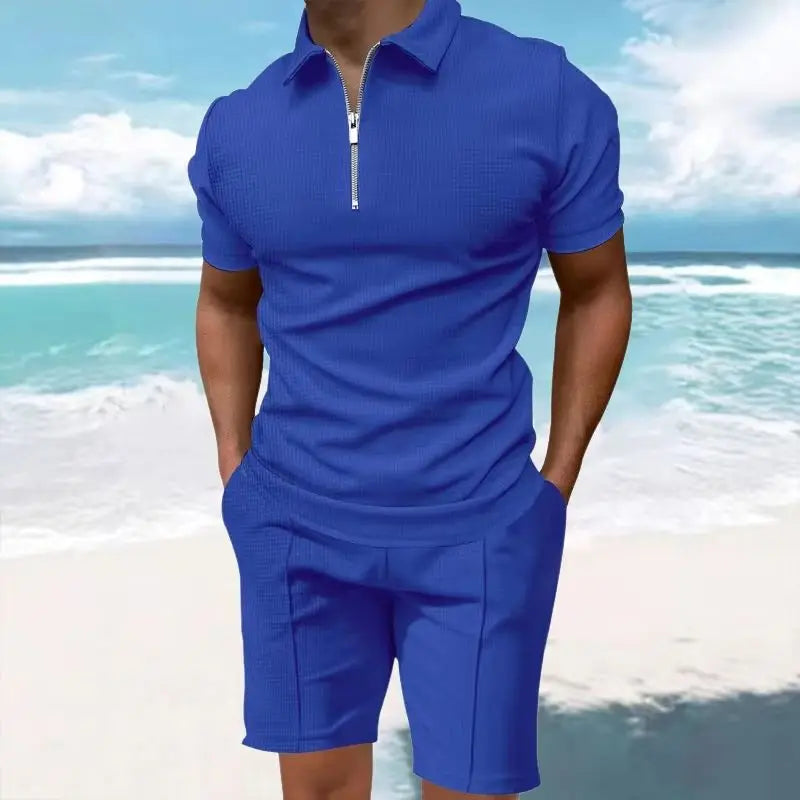 Men's Comfortable Short-Sleeved Waffle Polo Shirt And Shorts Set - Breathable Lightweight Spring/Summer Clothing
