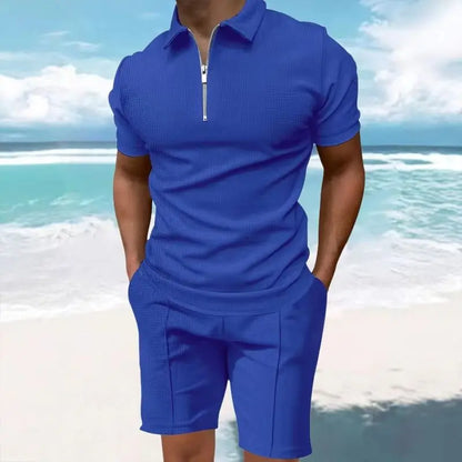 Men's Comfortable Short-Sleeved Waffle Polo Shirt And Shorts Set - Breathable Lightweight Spring/Summer Clothing