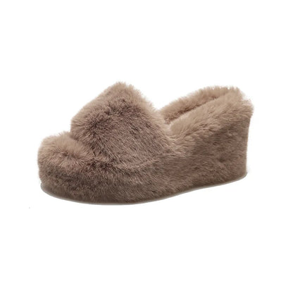 2024 Luxury New Women Feminine High-heeled Fur Drag Outdoor All-match Shoes Slippers Round Head Wedges with Mink Fur Slippers