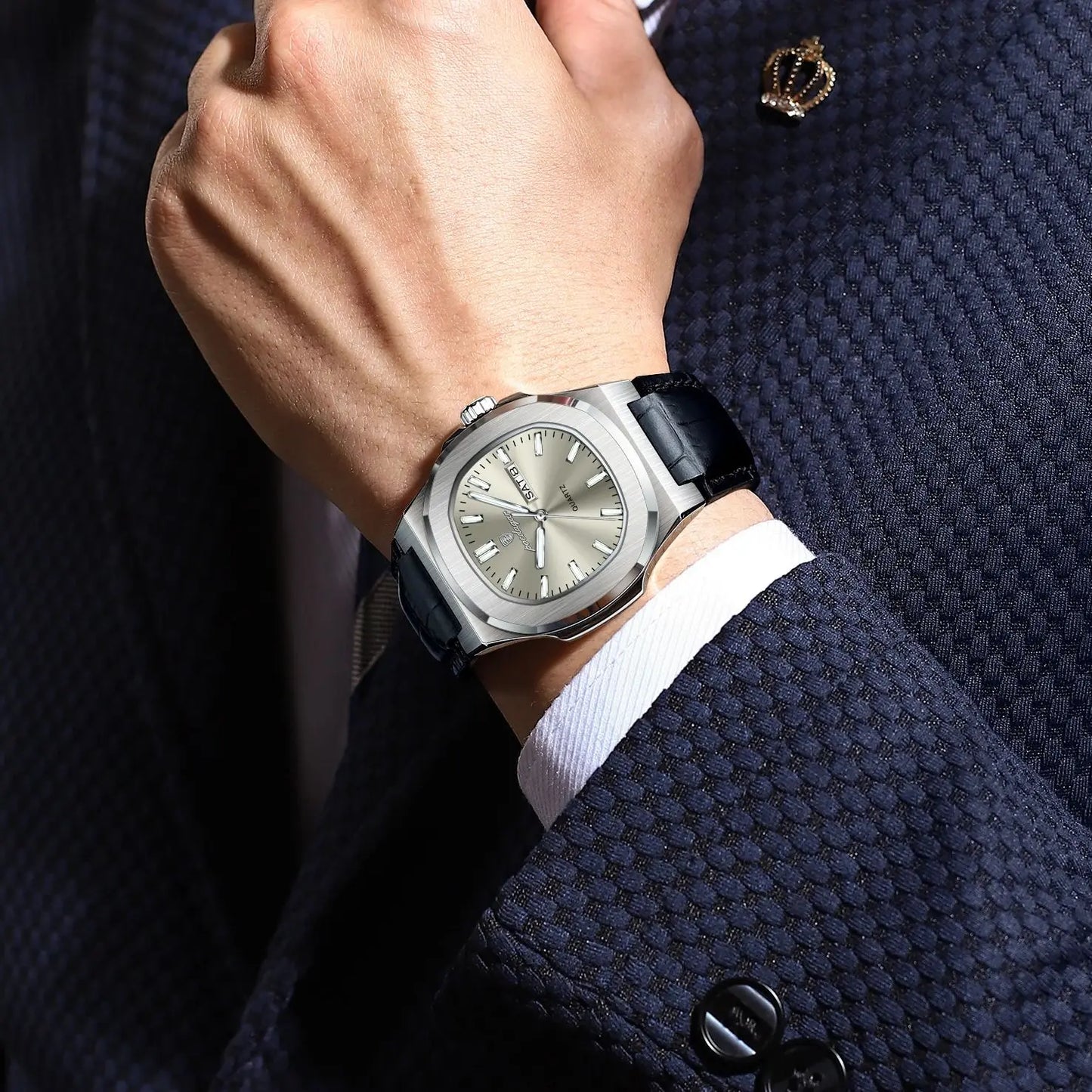 POEDAGAR High Quality Watch For Men Luxury Luminous Waterproof Week Calendar Man Clock Leather Square Men's Quartz Watches Reloj