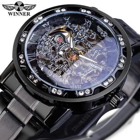 Winner Transparent Fashion Diamond Luminous Gear Movement Royal Design Men Top Brand Luxury Male Mechanical Skeleton Wrist Watch